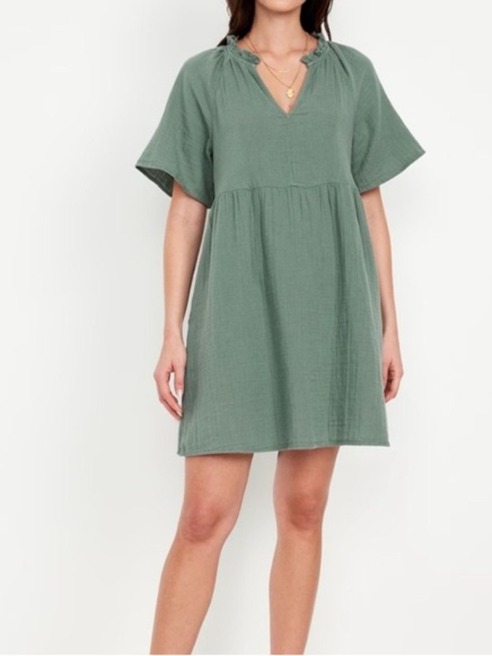 Old Navy Women’s Split-Neck Crinkle Gauze Mini Swing Dress Green Petite Small - Picture 7 of 8